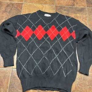 Rafaella Angora Wool Blend Black and Red Argyle Crewneck Sweater